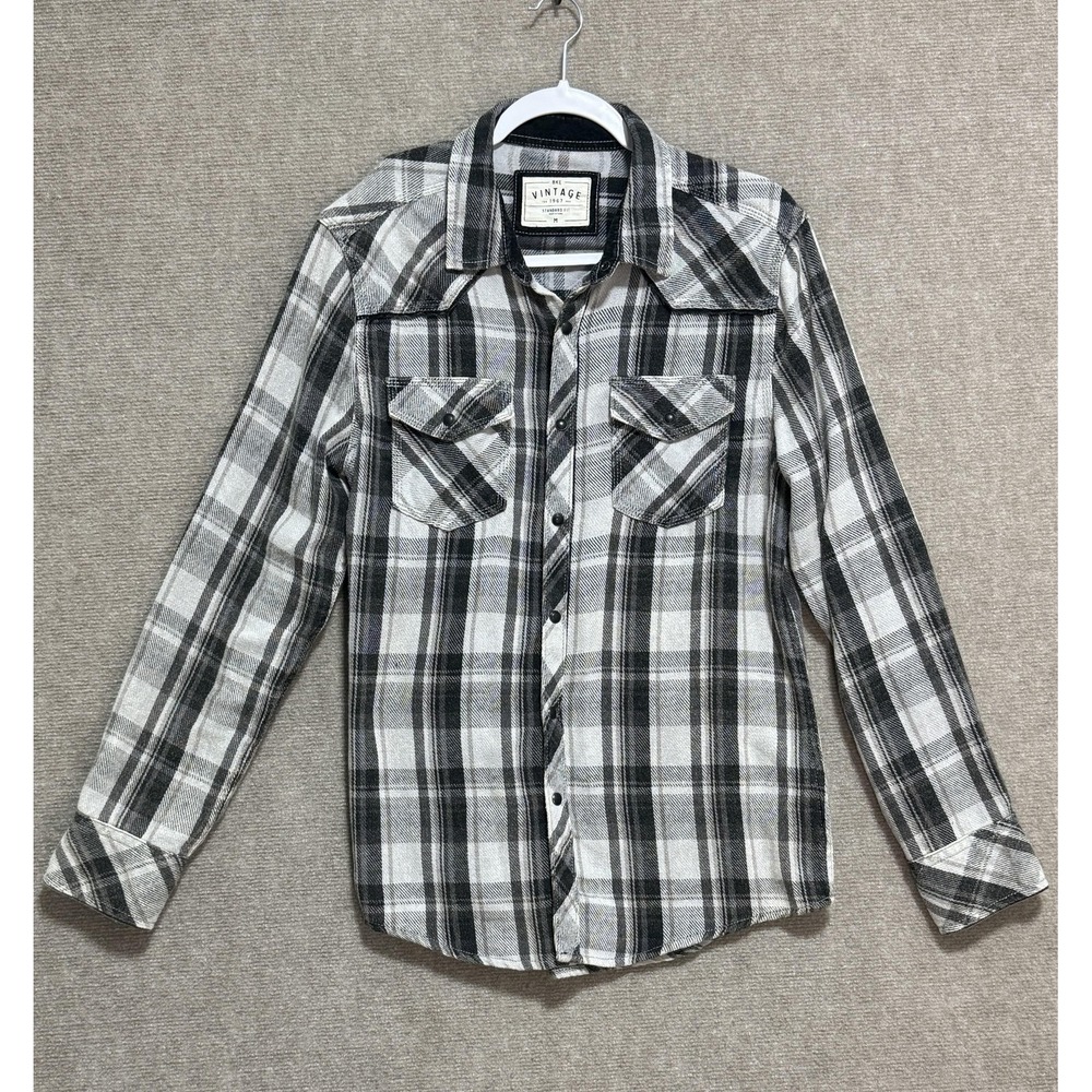 BKE Vintage Shirt Mens Medium Black Gray White Plaid Flannel Western Pearl Snap‎